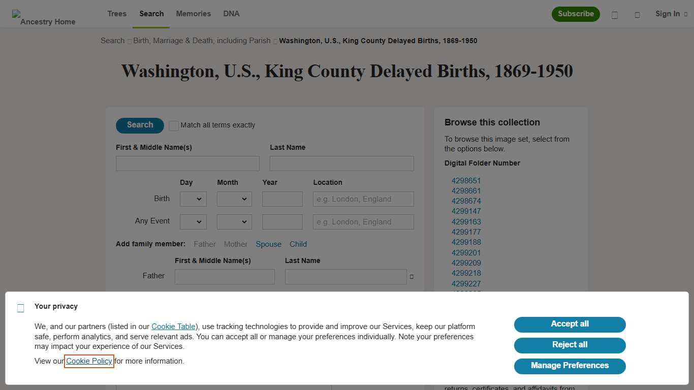 Washington, U.S., King County Delayed Births, 1869-1950 - Ancestry