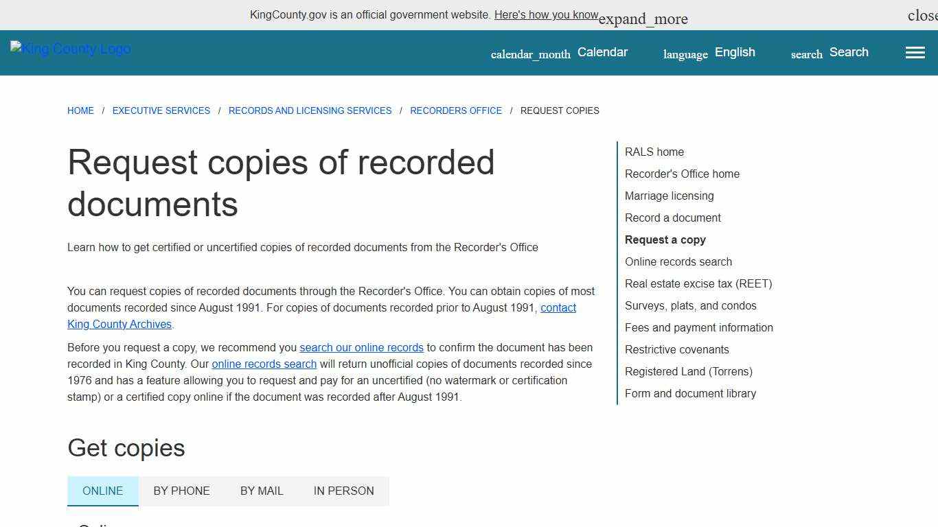 Request copies of recorded documents - King County, Washington