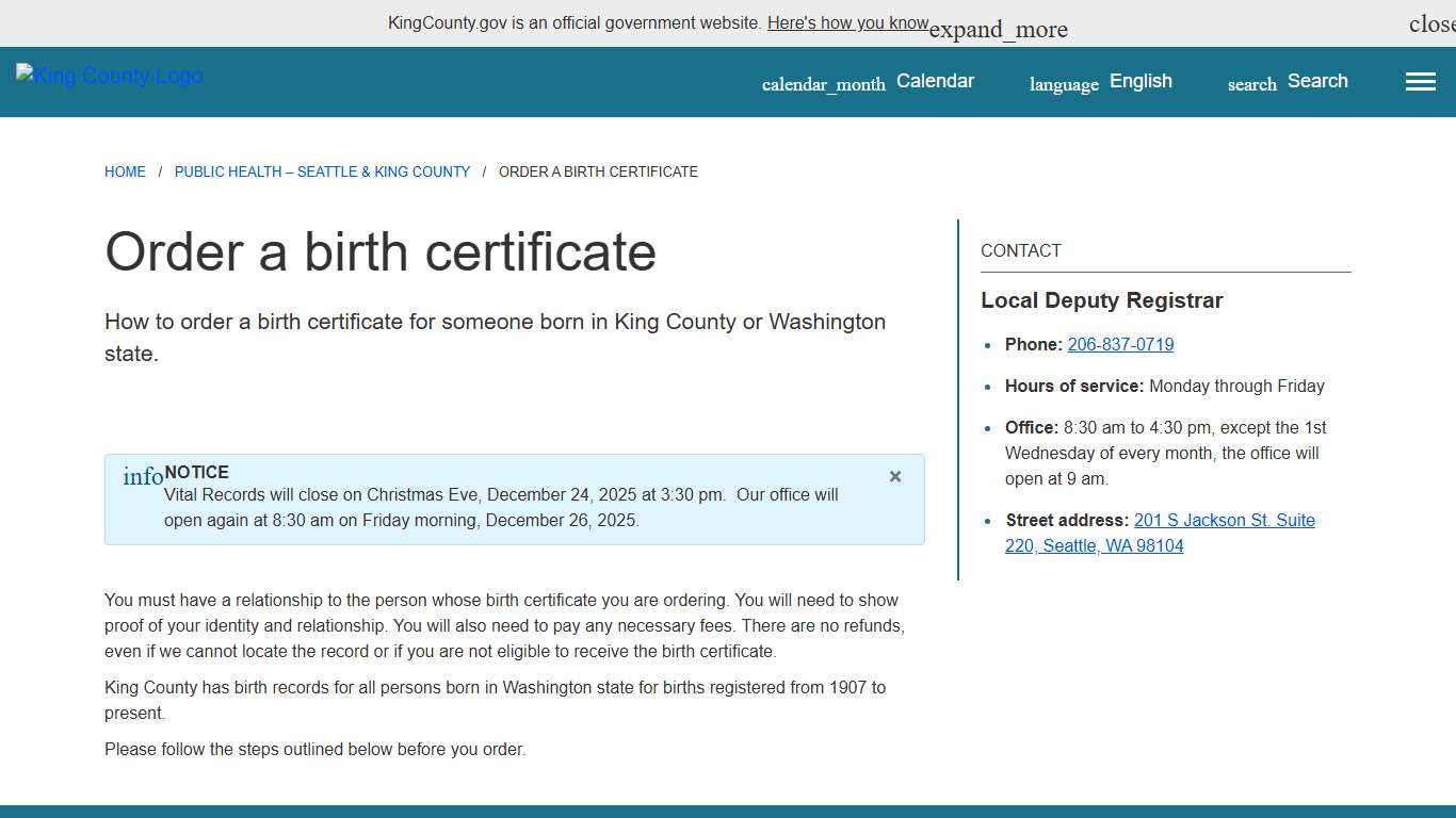 Order a birth certificate - King County, Washington